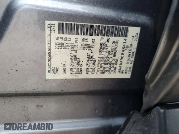 2021 Nissan Rogue S with VIN 5N1AT3AA7MC848414, listed as a Copart auction lot 55517355 with 54,338 mi miles and Salvage title. Bid and sale history available at DreamBid. Image 12.