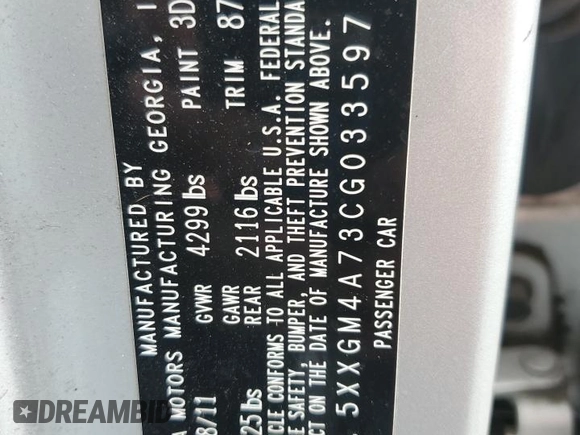 2012 Kia Optima LX z VIN 5XXGM4A73CG033597, wystawiony jako Copart lot #59585515 z przebiegiem 141 577 mil mil oraz Szkoda całkowita • Salvage title. Historia ofert i sprzedaży dostępna na DreamBid. Obrazek 12.