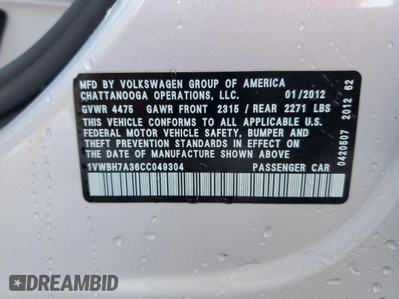 2012 Volkswagen Passat SE with VIN 1VWBH7A36CC049304, listed as a Copart auction lot 85034614 with 106,138 mi miles and Clean Title. Bid and sale history available at carsss.com. Image 12.