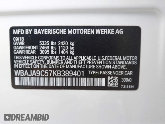 2019 BMW 5 Series 530e with VIN WBAJA9C57KB389401, listed as a IAAI auction lot 42565098 with 52,343 mi miles and . Bid and sale history available at DreamBid. Image 9.