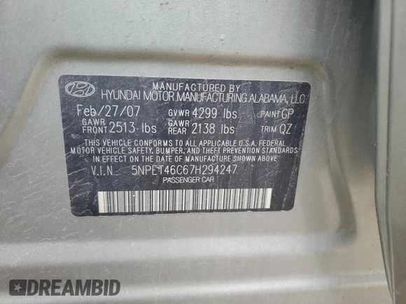 2007 Hyundai Sonata GLS with VIN 5NPET46C67H294247, listed as a Copart auction lot 54448745 with 217,280 mi miles and Clean Title. Bid and sale history available at DreamBid. Image 12.