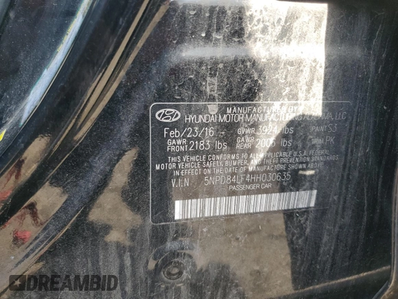 2017 Hyundai Elantra Limited with VIN 5NPD84LF4HH030635, listed as a Copart auction lot 54100925 with Not Provided miles and Clean Title. Bid and sale history available at DreamBid. Image 12.