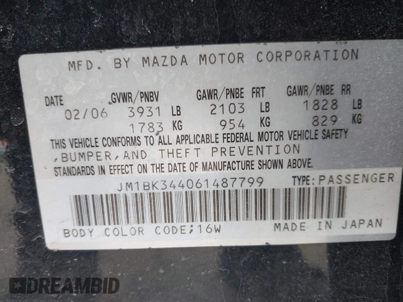 2006 Mazda 3 S Grand Touring with VIN JM1BK344061487799, listed as a IAAI auction lot 41758105 with 98,698 mi miles and . Bid and sale history available at DreamBid. Image 9.