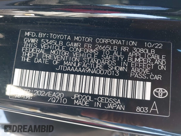 2022 Toyota Mirai XLE with VIN JTDAAAAA9NA007013, listed as a IAAI auction lot 41744965 with 23,243 mi miles and . Bid and sale history available at DreamBid. Image 9.