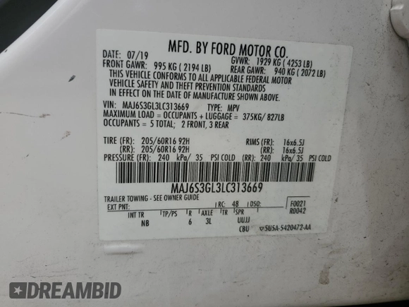 2020 Ford EcoSport SE with VIN MAJ6S3GL3LC313669, listed as a Copart auction lot 53001735 with 66,316 mi miles and Salvage Title. Bid and sale history available at carsss.com. Image 16.