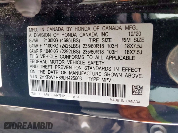 2020 Honda CR-V EX-L z VIN 2HKRW1H89LH425603, wystawiony jako Copart lot #51629775 z przebiegiem 69 055 mil mil oraz Szkoda całkowita • Salvage title. Historia ofert i sprzedaży dostępna na DreamBid. Obrazek 13.