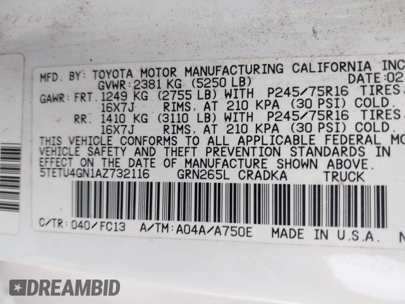 2010 Toyota Tacoma PreRunner with VIN 5TETU4GN1AZ732116, listed as a IAAI auction lot 41490628 with 154,838 mi miles and . Bid and sale history available at DreamBid. Image 9.