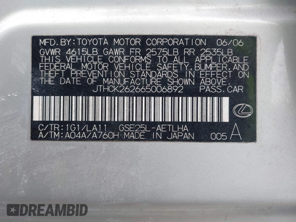 2006 Lexus IS 250 with VIN JTHCK262665006892, listed as a IAAI auction lot 41695517 with 197,821 mi miles and . Bid and sale history available at DreamBid. Image 9.