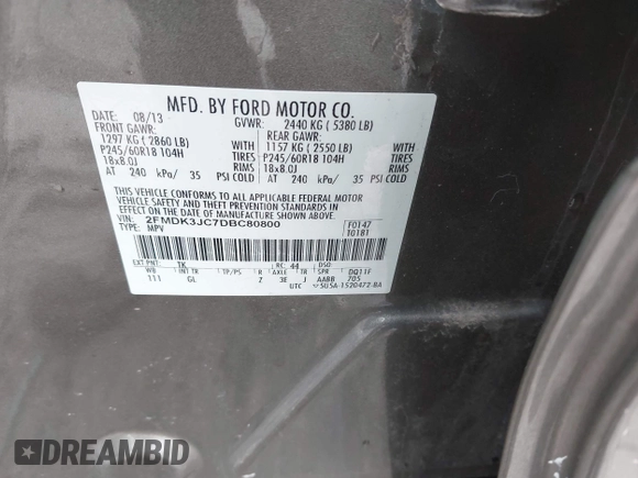 2013 Ford Edge SEL with VIN 2FMDK3JC7DBC80800, listed as a IAAI auction lot 42016037 with 189,746 mi miles. Bid and sale history available at carsss.com. Image 9.