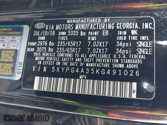 2019 Kia Sorento LX with VIN 5XYPG4A35KG491026, listed as a IAAI auction lot 41453463 with 129,709 mi miles. Bid and sale history available at carsss.com. Image 9.