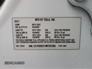 2021 Tesla Model Y Long Range with VIN 5YJYGDEE1MF267004, listed as a Copart auction lot 88708485 with 65,669 mi miles and Salvage Title. Bid and sale history available at DreamBid. Image 13.