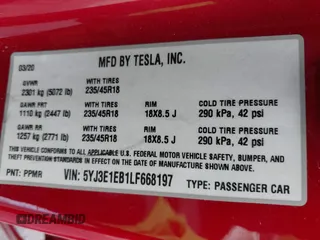 2020 Tesla Model 3 Long Range z VIN 5YJ3E1EB1LF668197, wystawiony jako IAAI lot #40551873 z przebiegiem 94 233 mil mil oraz . Historia ofert i sprzedaży dostępna na DreamBid. Obrazek 9.
