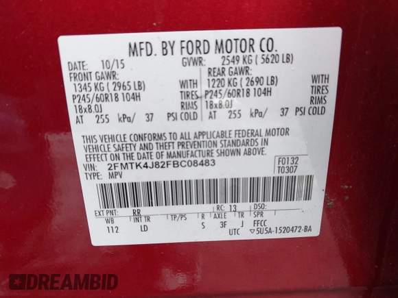 2015 Ford Edge SEL with VIN 2FMTK4J82FBC08483, listed as a IAAI auction lot 41552998 with 124,720 mi miles. Bid and sale history available at carsss.com. Image 9.