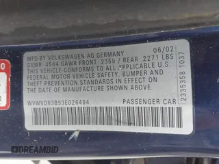 2003 Volkswagen Passat GLS z VIN WVWVD63B93E026484, wystawiony jako IAAI lot #41071543 z przebiegiem 172 538 mil mil oraz . Historia ofert i sprzedaży dostępna na DreamBid. Obrazek 9.