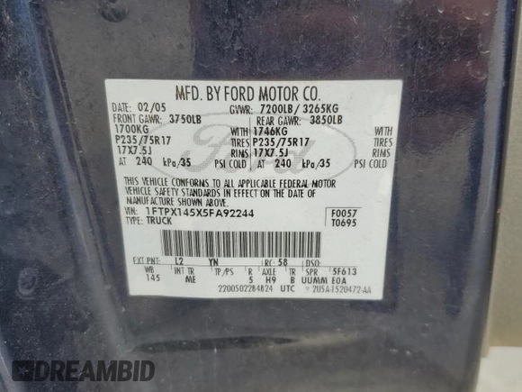 2005 Ford F-150 XLT with VIN 1FTPX145X5FA92244, listed as a Copart auction lot 61569865 with 184,219 mi miles and Salvage title. Bid and sale history available at DreamBid. Image 12.