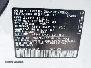 2019 Volkswagen Atlas SE с VIN 1V2LR2CA7KC602431, выставлен на аукционе IAAI как лот 41462436 с пробегом 66 186 миль миль и . История ставок и продаж доступна на DreamBid. Изображение 9.