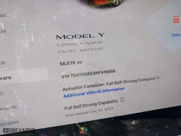 2022 Tesla Model Y Long Range with VIN 7SAYGDEE9NF419986, listed as a IAAI auction lot 40898922 with NaN miles. Bid and sale history available at carsss.com. Image 15.