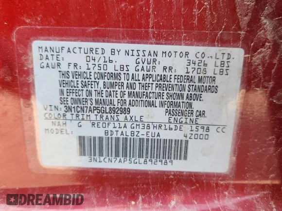 2016 Nissan Versa S с VIN 3N1CN7AP5GL892989, выставлен на аукционе Copart как лот 61944045 с пробегом 170 724 миль миль и Чистый • Clean title. История ставок и продаж доступна на DreamBid. Изображение 12.