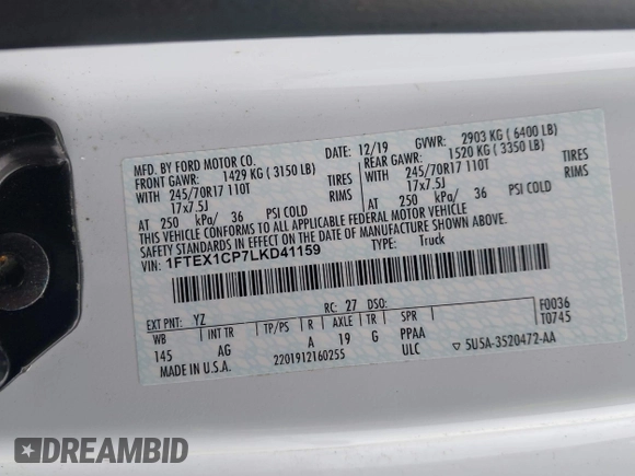 2020 Ford F-150 XL with VIN 1FTEX1CP7LKD41159, listed as a IAAI auction lot 42318766 with 144,173 mi miles and . Bid and sale history available at DreamBid. Image 9.