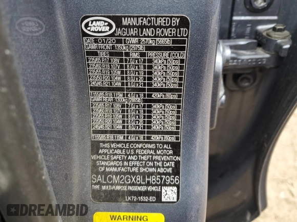 2020 Land Rover Discovery with VIN SALCM2GX8LH857956, listed as a Copart auction lot 78759793 with 61,518 mi miles and . Bid and sale history available at DreamBid. Image 13.