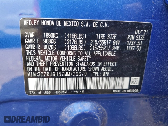 2021 Honda HR-V EX with VIN 3CZRU6H57MM720679, listed as a Copart auction lot 51839085 with 33,636 mi miles and Salvage Title. Bid and sale history available at carsss.com. Image 12.
