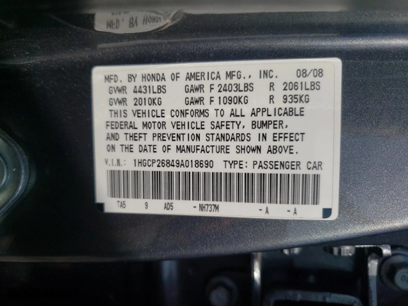 2009 Honda Accord Sdn EX-L with VIN 1HGCP26849A018690, listed as a Copart auction lot 48239185 with 203,010 mi miles and Salvage Title. Bid and sale history available at carsss.com. Image 12.