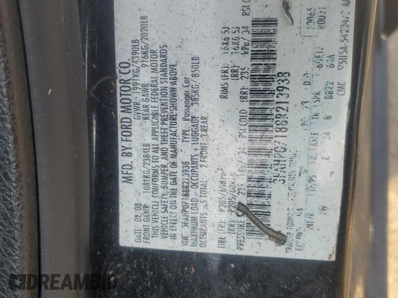 2008 Ford Fusion SE with VIN 3FAHP07188R213938, listed as a Copart auction lot 46886495 with 131,469 mi miles and Salvage Title. Bid and sale history available at DreamBid. Image 14.