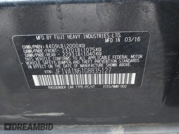 2016 Subaru WRX Limited with VIN JF1VA1N61G8835127, listed as a IAAI auction lot 41450504 with 106,534 mi miles. Bid and sale history available at carsss.com. Image 9.