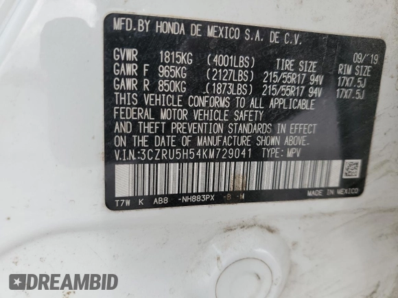 2019 Honda HR-V EX with VIN 3CZRU5H54KM729041, listed as a Copart auction lot 48437665 with 49,075 mi miles and Clean Title. Bid and sale history available at carsss.com. Image 14.