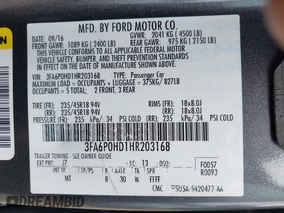 2017 Ford Fusion SE with VIN 3FA6P0HD1HR203168, listed as a IAAI auction lot 42786766 with 124,763 mi miles and . Bid and sale history available at DreamBid. Image 9.