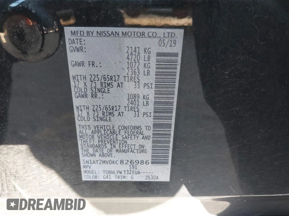 2019 Nissan Rogue SL with VIN 5N1AT2MV0KC826986, listed as a IAAI auction lot 40734371 with 72,662 mi miles and . Bid and sale history available at carsss.com. Image 9.