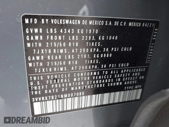 2022 Volkswagen Taos SE z VIN 3VVRX7B21NM007085, wystawiony jako IAAI lot #42018520 z przebiegiem 27 904 mil mil oraz . Historia ofert i sprzedaży dostępna na DreamBid. Obrazek 9.