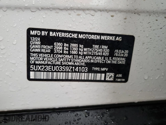 2025 BMW X5 xDrive40i z VIN 5UX23EU03S9Z14103, wystawiony jako Copart lot #56754705 z przebiegiem 2 983 mil mil oraz Czysty tytuł • Clean title. Historia ofert i sprzedaży dostępna na DreamBid. Obrazek 13.