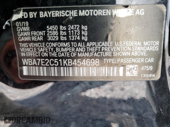 2019 BMW 7 Series 740i with VIN WBA7E2C51KB454698, listed as a Copart auction lot 67082613 with 10,000 mi miles. Bid and sale history available at carsss.com. Image 15.