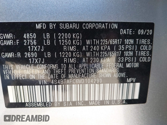 2021 Subaru Outback Premium with VIN 4S4BTAFC6M3104290, listed as a IAAI auction lot 42251214 with 20,063 mi miles and . Bid and sale history available at DreamBid. Image 9.