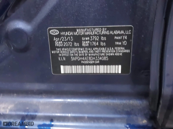 2013 Hyundai Elantra GLS with VIN 5NPDH4AE8DH334085, listed as a IAAI auction lot 41930120 with 122,507 mi miles. Bid and sale history available at carsss.com. Image 9.