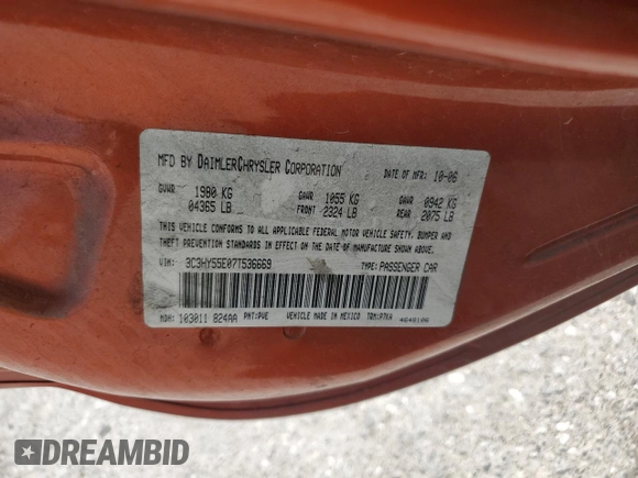 2007 Chrysler PT Cruiser z VIN 3C3HY55E07T536669, wystawiony jako Copart lot #62394655 z przebiegiem Nie podano mil oraz Czysty tytuł • Clean title. Historia ofert i sprzedaży dostępna na DreamBid. Obrazek 12.