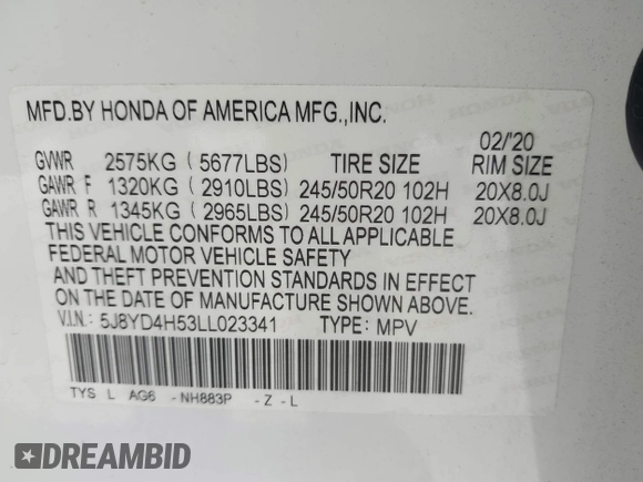 2020 Acura MDX Technology with VIN 5J8YD4H53LL023341, listed as a IAAI auction lot 42096633 with 48,546 mi miles and . Bid and sale history available at DreamBid. Image 9.