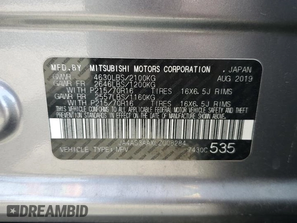 2020 Mitsubishi Eclipse Cross ES with VIN JA4AS3AAXLZ008284, listed as a Copart auction lot 55495185 with 164,379 mi miles and Clean title. Bid and sale history available at DreamBid. Image 13.
