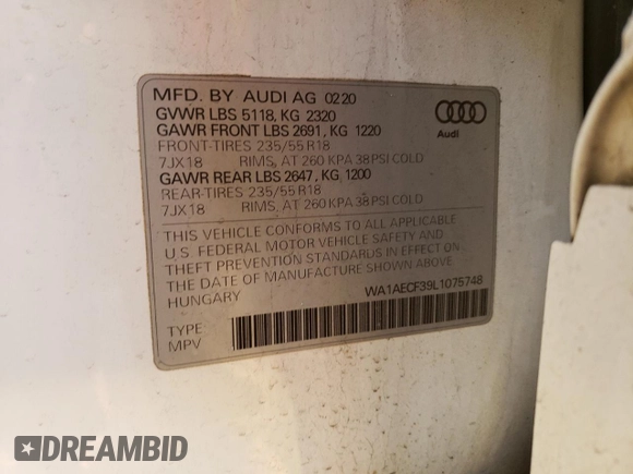 2020 Audi Q3 Premium with VIN WA1AECF39L1075748, listed as a Copart auction lot 72458252 with 36,728 mi miles. Bid and sale history available at carsss.com. Image 13.