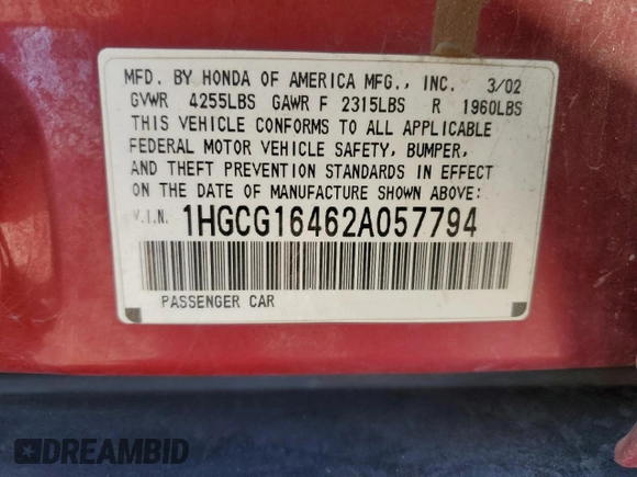 2002 Honda Accord LX z VIN 1HGCG16462A057794, wystawiony jako Copart lot #42451485 z przebiegiem Nie podano mil oraz Szkoda całkowita • Salvage title. Historia ofert i sprzedaży dostępna na DreamBid. Obrazek 12.