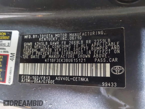 2011 Toyota Camry LE with VIN 4T1BF3EK3BU615121, listed as a IAAI auction lot 41034428 with 218,064 mi miles. Bid and sale history available at carsss.com. Image 9.