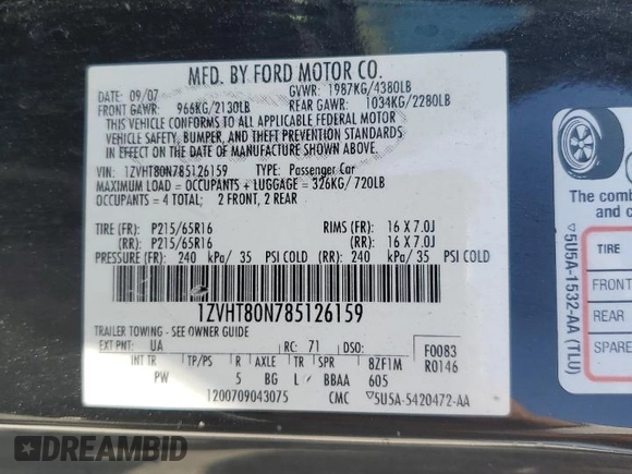 2008 Ford Mustang Deluxe with VIN 1ZVHT80N785126159, listed as a Copart auction lot 62945975 with 201,417 mi miles and Clean title. Bid and sale history available at DreamBid. Image 12.