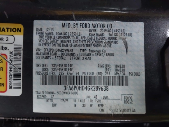 2016 Ford Fusion SE with VIN 3FA6P0HD4GR289638, listed as a IAAI auction lot 40920954 with 130,890 mi miles and . Bid and sale history available at DreamBid. Image 9.