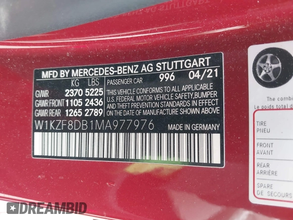2021 Mercedes-Benz E 350 with VIN W1KZF8DB1MA977976, listed as a IAAI auction lot 42130835 with 30,584 mi miles and . Bid and sale history available at DreamBid. Image 9.