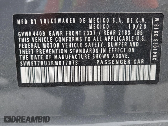2024 Volkswagen Jetta GLI 40th Anniversary Edition z VIN 3VW9T7BU1RM017078, wystawiony jako Copart lot #76077054 z przebiegiem 12 054 mil mil oraz Szkoda całkowita • Salvage title. Historia ofert i sprzedaży dostępna na DreamBid. Obrazek 13.