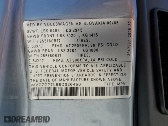 2006 Volkswagen Touareg 3.2L V6 with VIN WVGZG77L56D026456, listed as a Copart auction lot 53502675 with 168,446 mi miles and Clean Title. Bid and sale history available at DreamBid. Image 13.