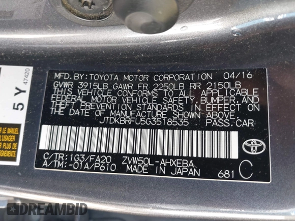 2016 Toyota Prius Two with VIN JTDKBRFU5G3518535, listed as a IAAI auction lot 41829512 with 156,175 mi miles. Bid and sale history available at carsss.com. Image 9.