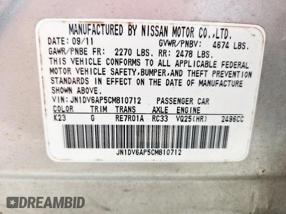 2012 Infiniti G25 Journey with VIN JN1DV6AP5CM810712, listed as a Copart auction lot 63516025 with 177,219 mi miles and Salvage title. Bid and sale history available at DreamBid. Image 12.