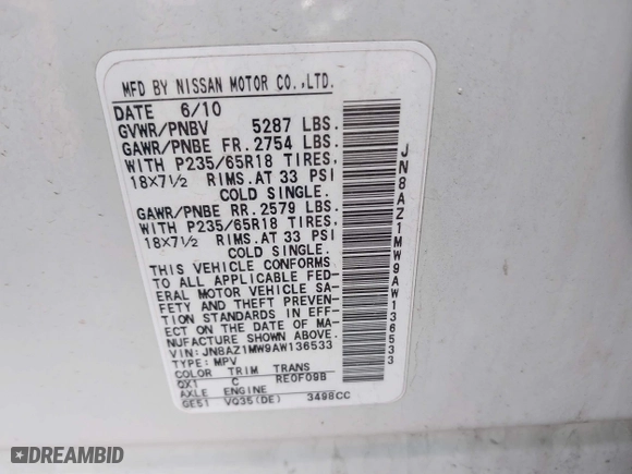 2010 Nissan Murano LE with VIN JN8AZ1MW9AW136533, listed as a IAAI auction lot 41848970 with 1 mi miles. Bid and sale history available at carsss.com. Image 9.